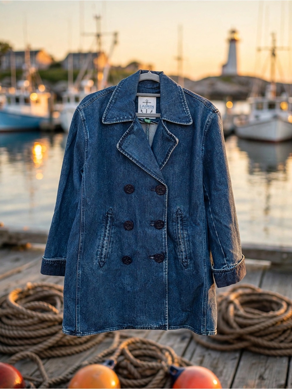 Ralph Lauren Denim Fisherman Peacoat, Double-Breasted- coastal nautical size P